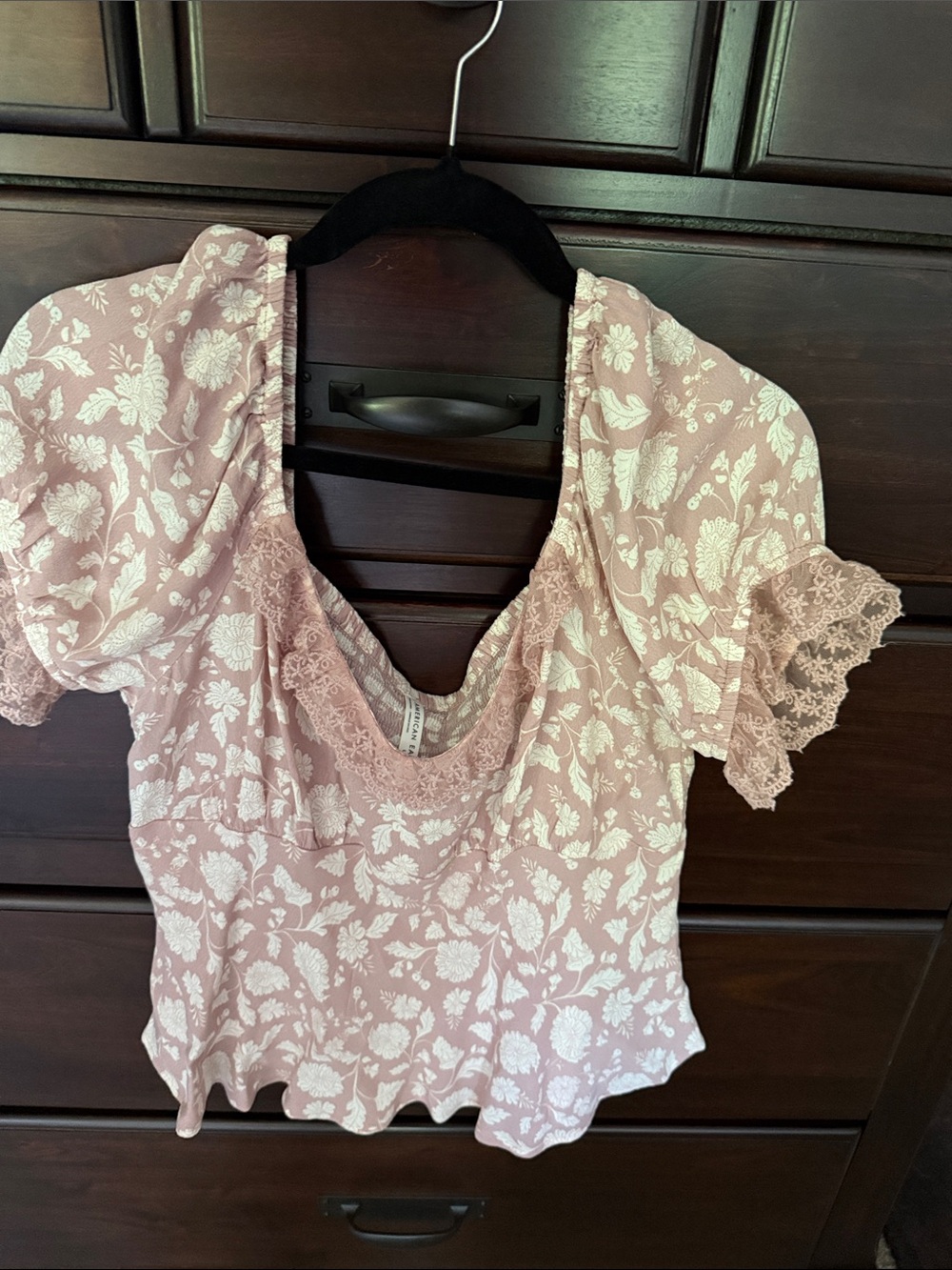 American Eagle Outfitters Mauve Pink Floral Lace-Trim Scoop Top